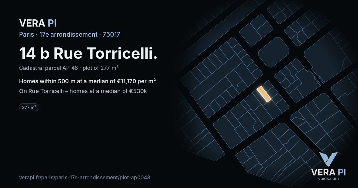14 b Rue Torricelli, 17e arrondissement at night – the plot lit, the parcels around coloured by the prices near them