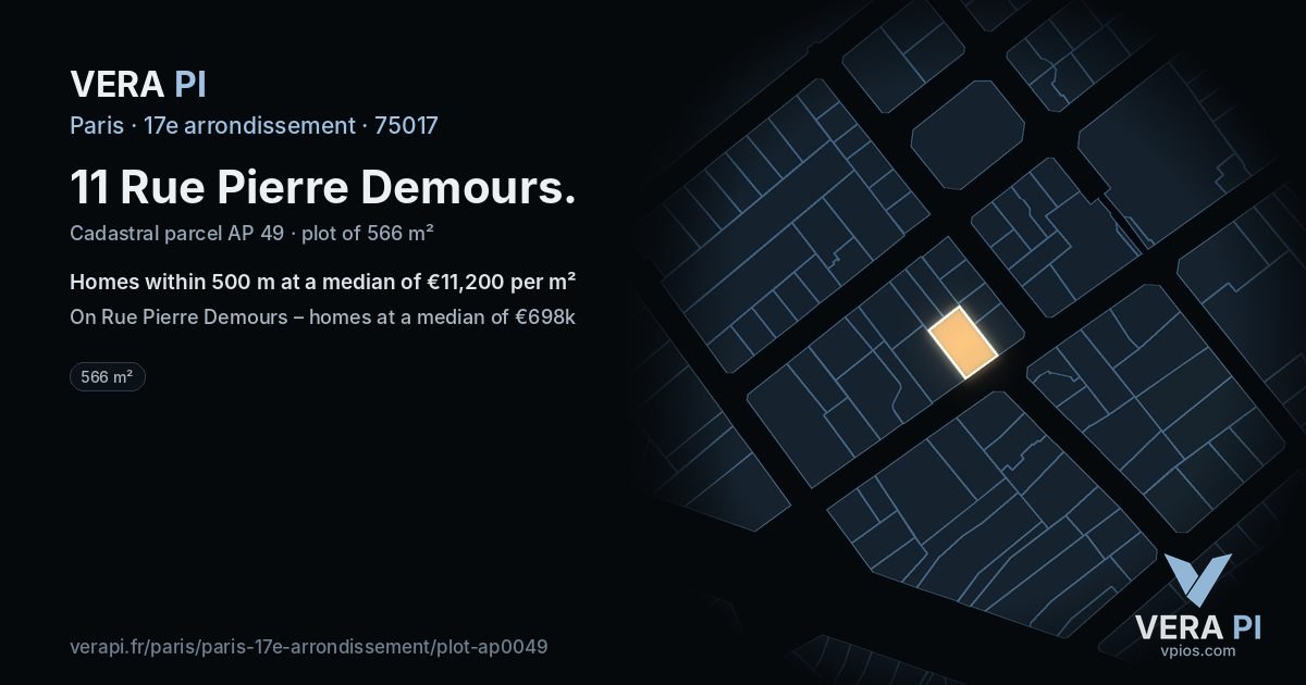 11 Rue Pierre Demours, 17e arrondissement at night – the plot lit, the parcels around coloured by the prices near them