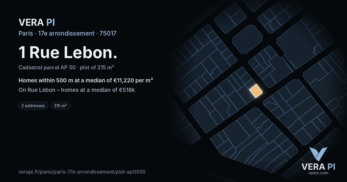 1 Rue Lebon, 17e arrondissement at night – the plot lit, the parcels around coloured by the prices near them