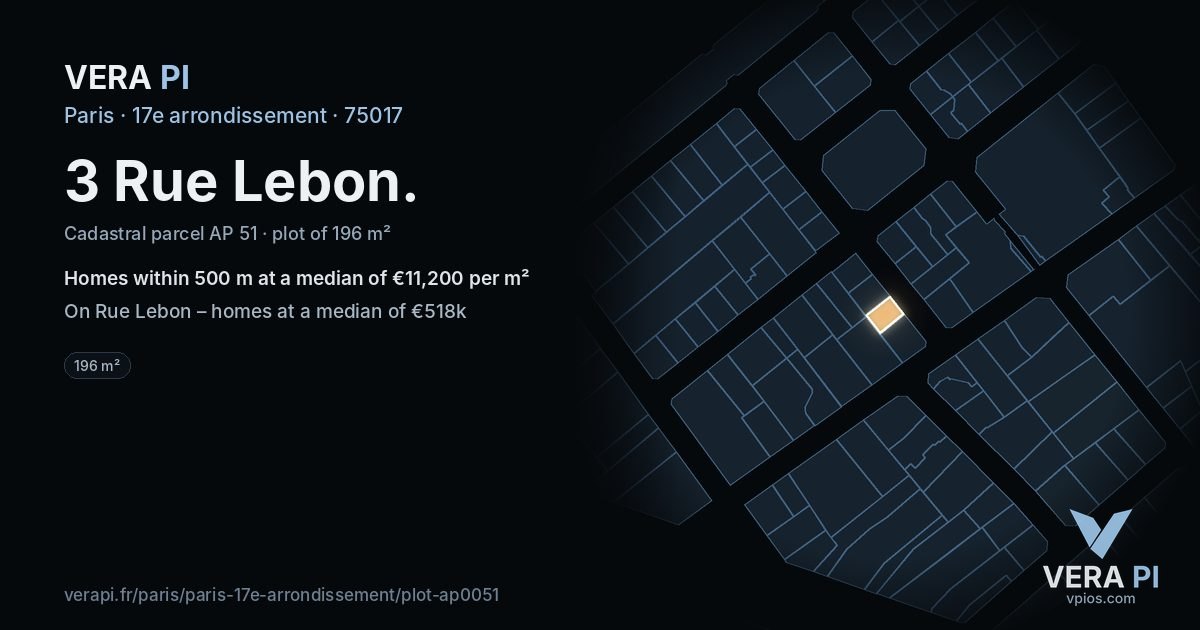 3 Rue Lebon, 17e arrondissement at night – the plot lit, the parcels around coloured by the prices near them