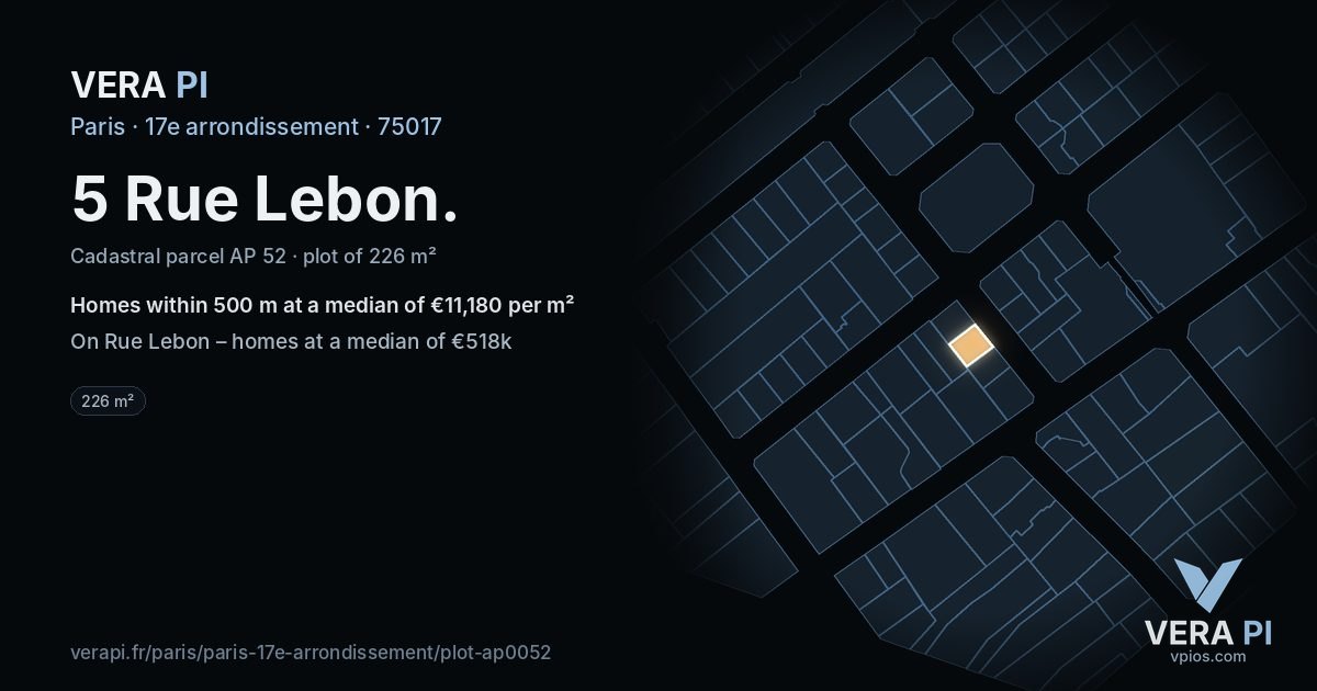 5 Rue Lebon, 17e arrondissement at night – the plot lit, the parcels around coloured by the prices near them