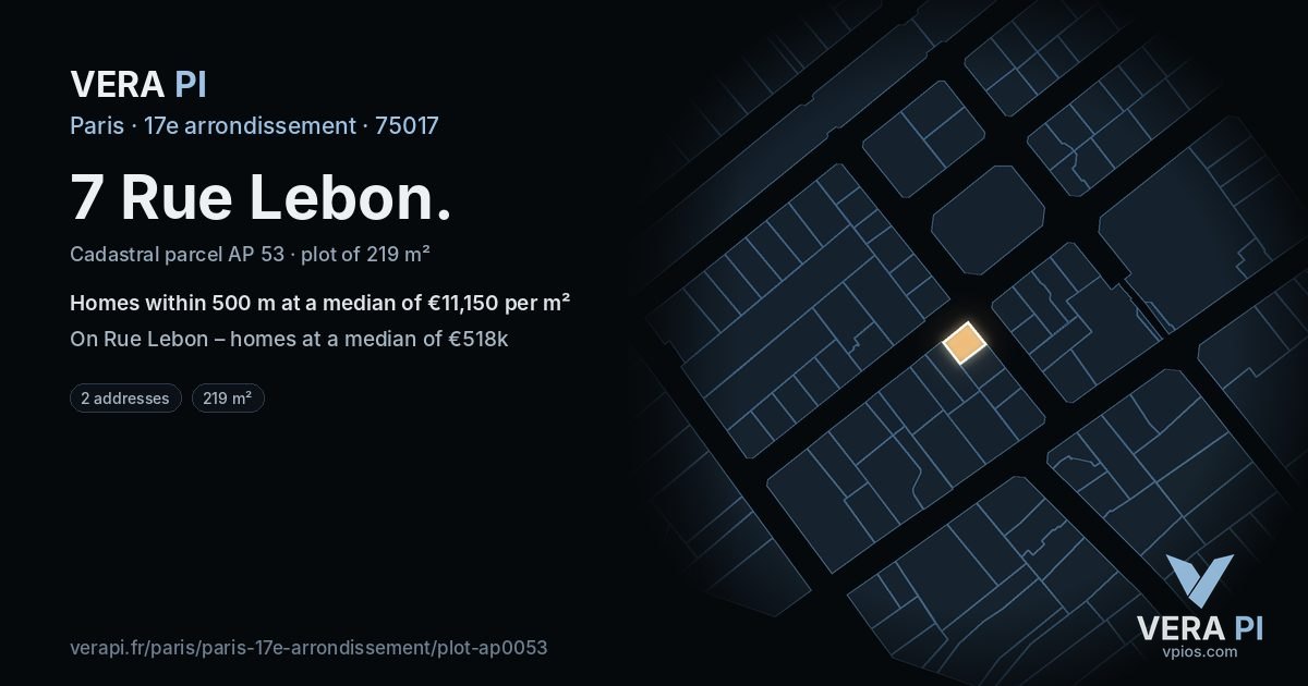 7 Rue Lebon, 17e arrondissement at night – the plot lit, the parcels around coloured by the prices near them