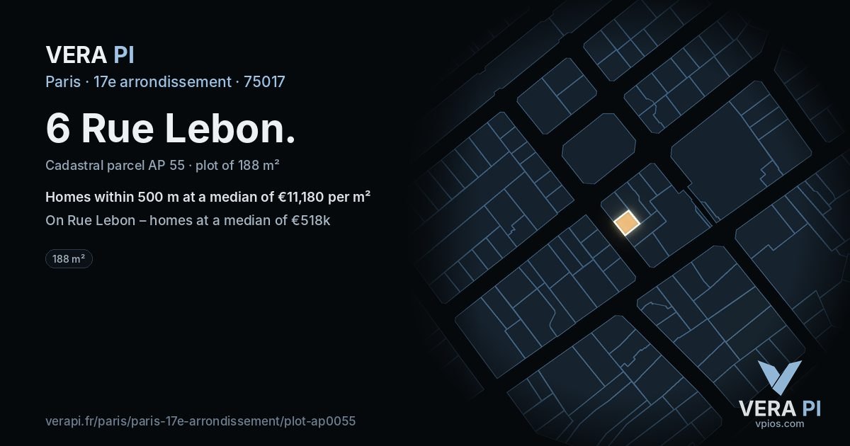 6 Rue Lebon, 17e arrondissement at night – the plot lit, the parcels around coloured by the prices near them