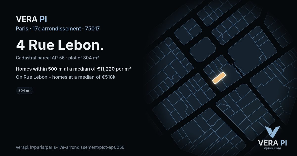 4 Rue Lebon, 17e arrondissement at night – the plot lit, the parcels around coloured by the prices near them