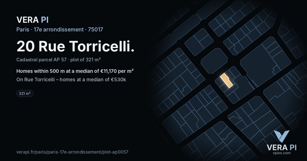 20 Rue Torricelli, 17e arrondissement at night – the plot lit, the parcels around coloured by the prices near them
