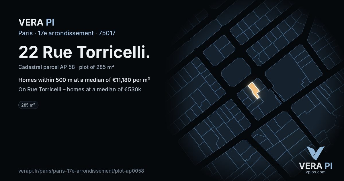 22 Rue Torricelli, 17e arrondissement at night – the plot lit, the parcels around coloured by the prices near them