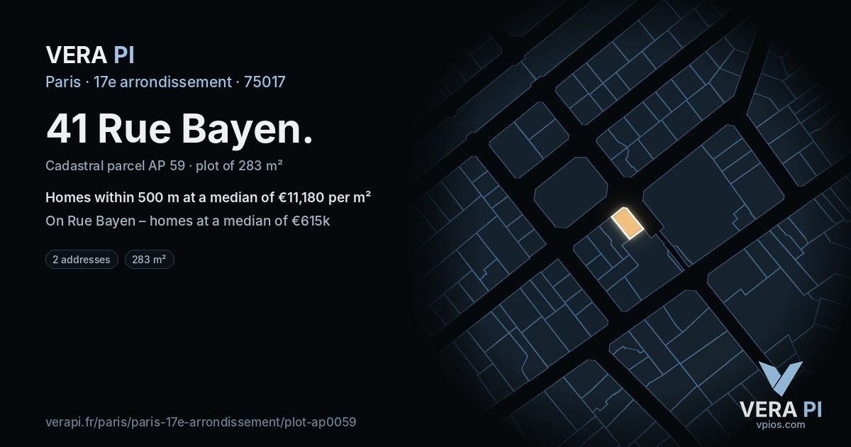 41 Rue Bayen, 17e arrondissement at night – the plot lit, the parcels around coloured by the prices near them