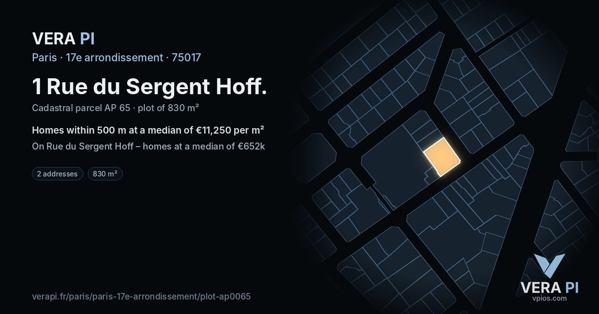 1 Rue du Sergent Hoff, 17e arrondissement at night – the plot lit, the parcels around coloured by the prices near them