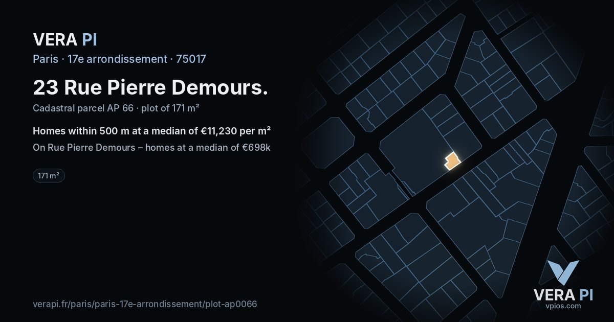 23 Rue Pierre Demours, 17e arrondissement at night – the plot lit, the parcels around coloured by the prices near them