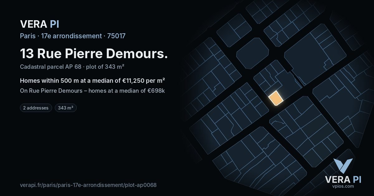 13 Rue Pierre Demours, 17e arrondissement at night – the plot lit, the parcels around coloured by the prices near them