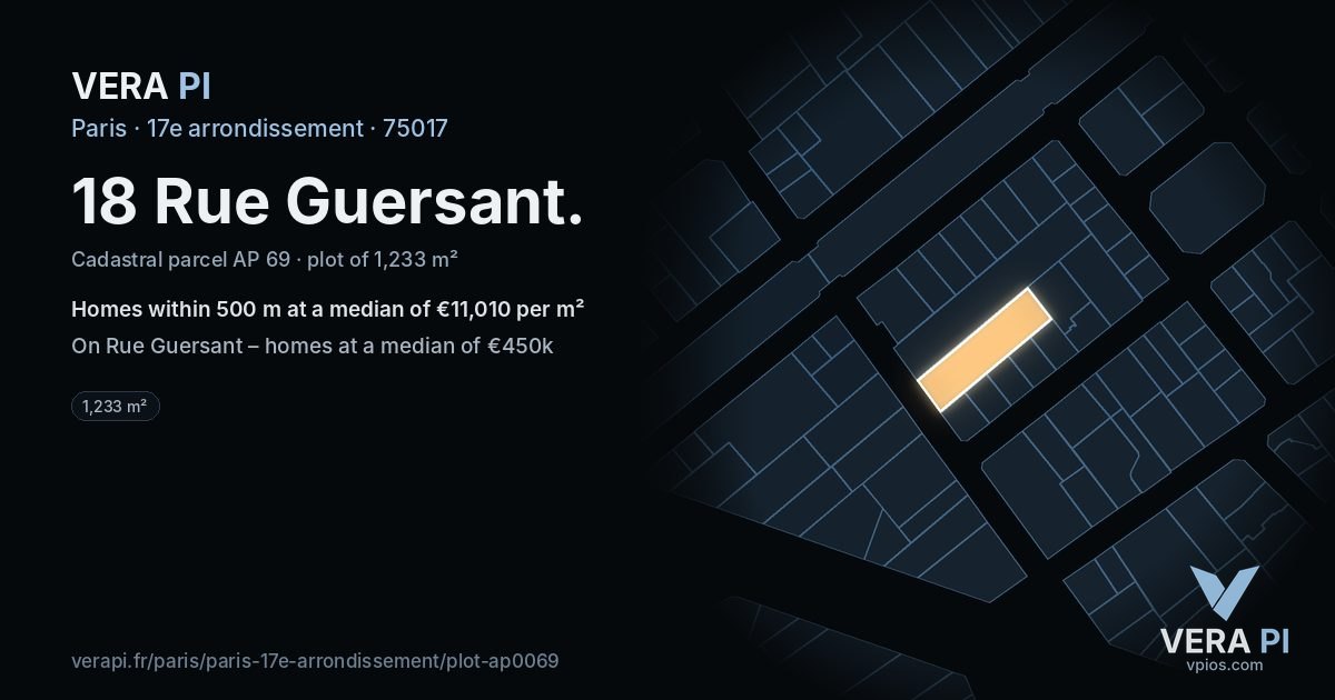 18 Rue Guersant, 17e arrondissement at night – the plot lit, the parcels around coloured by the prices near them
