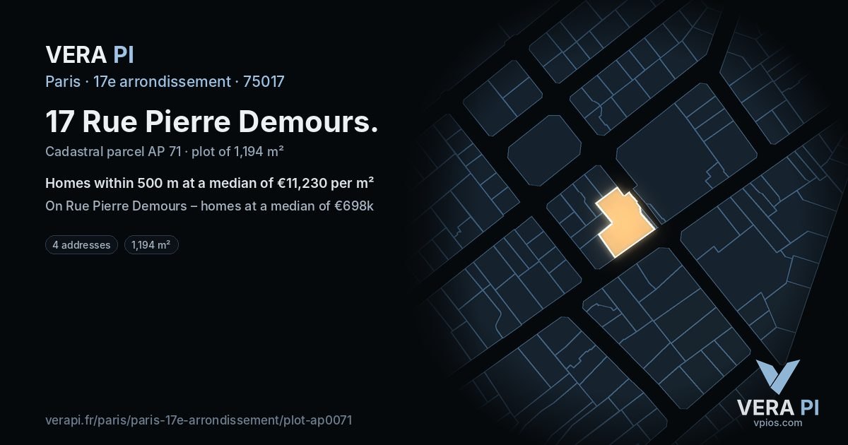 17 Rue Pierre Demours, 17e arrondissement at night – the plot lit, the parcels around coloured by the prices near them