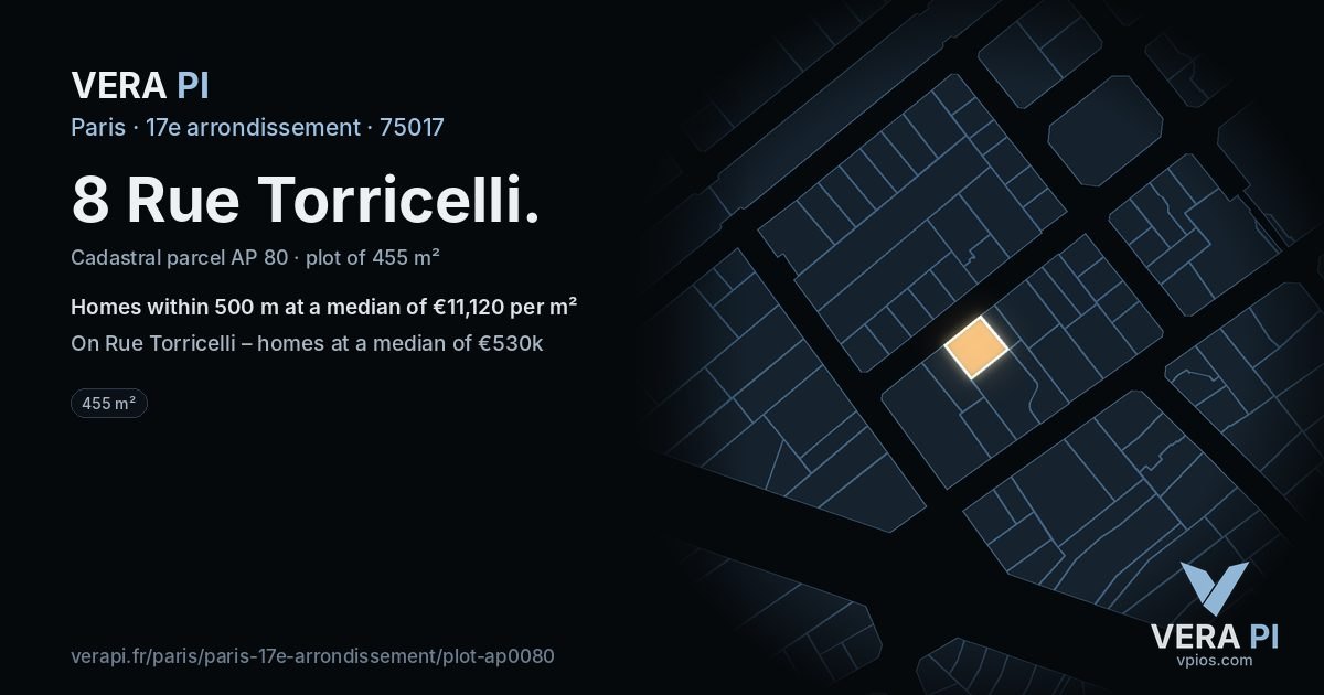 8 Rue Torricelli, 17e arrondissement at night – the plot lit, the parcels around coloured by the prices near them