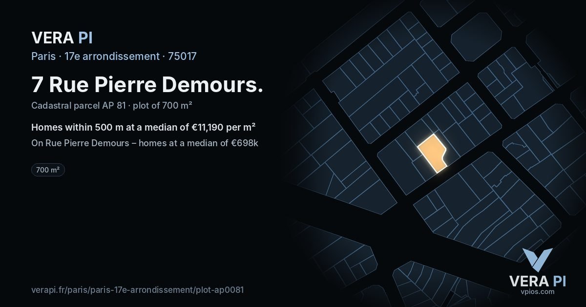 7 Rue Pierre Demours, 17e arrondissement at night – the plot lit, the parcels around coloured by the prices near them