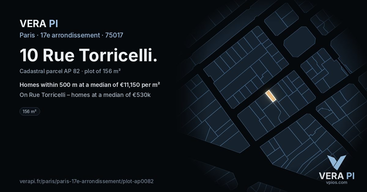10 Rue Torricelli, 17e arrondissement at night – the plot lit, the parcels around coloured by the prices near them
