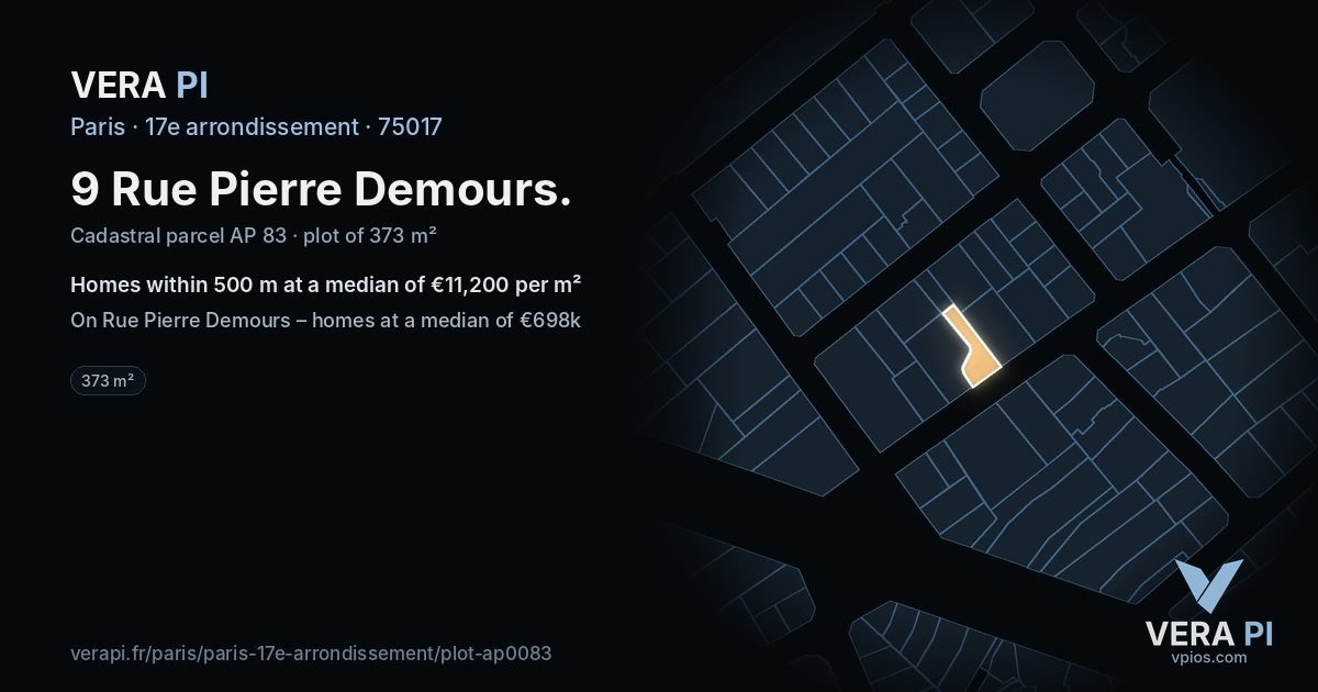 9 Rue Pierre Demours, 17e arrondissement at night – the plot lit, the parcels around coloured by the prices near them