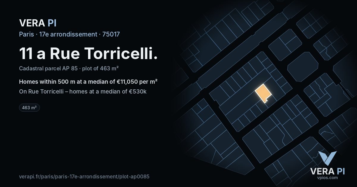 11 a Rue Torricelli, 17e arrondissement at night – the plot lit, the parcels around coloured by the prices near them