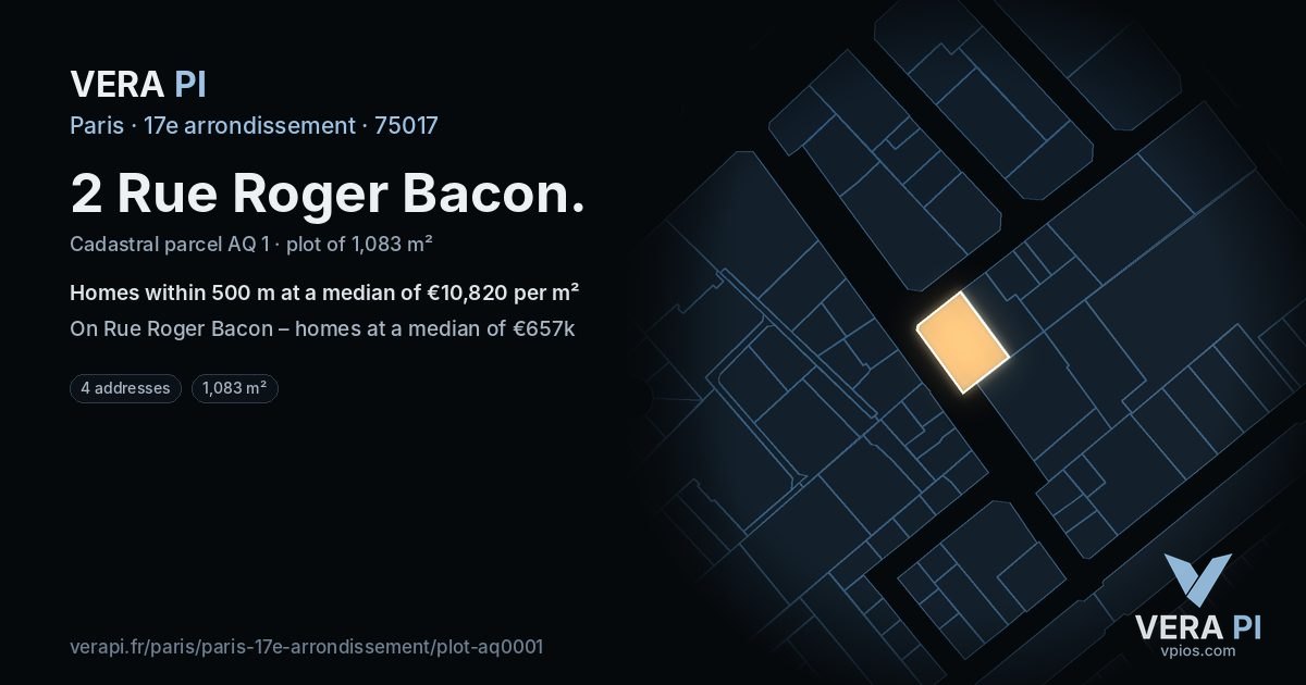 2 Rue Roger Bacon, 17e arrondissement at night – the plot lit, the parcels around coloured by the prices near them
