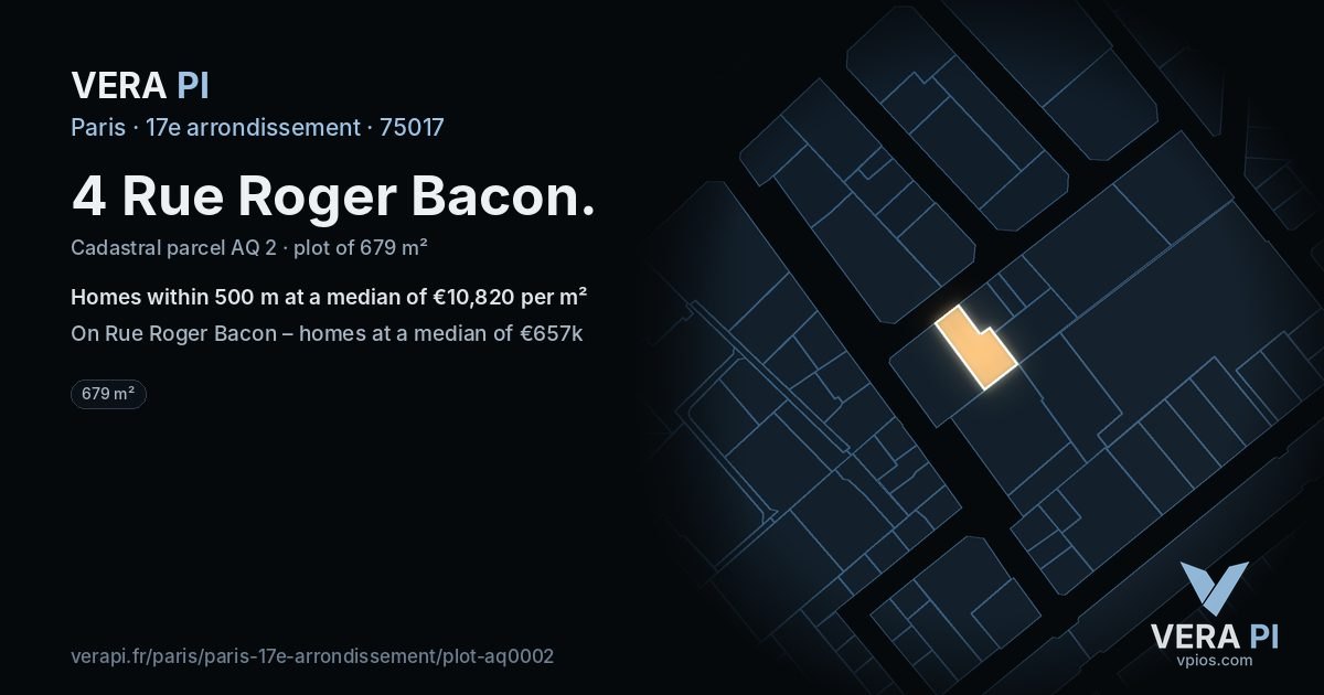 4 Rue Roger Bacon, 17e arrondissement at night – the plot lit, the parcels around coloured by the prices near them