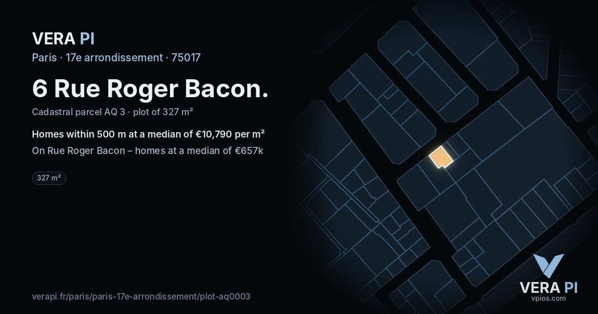 6 Rue Roger Bacon, 17e arrondissement at night – the plot lit, the parcels around coloured by the prices near them