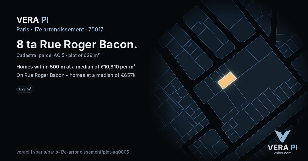 8 ta Rue Roger Bacon, 17e arrondissement at night – the plot lit, the parcels around coloured by the prices near them