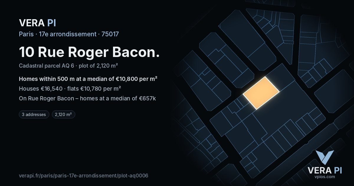 10 Rue Roger Bacon, 17e arrondissement at night – the plot lit, the parcels around coloured by the prices near them