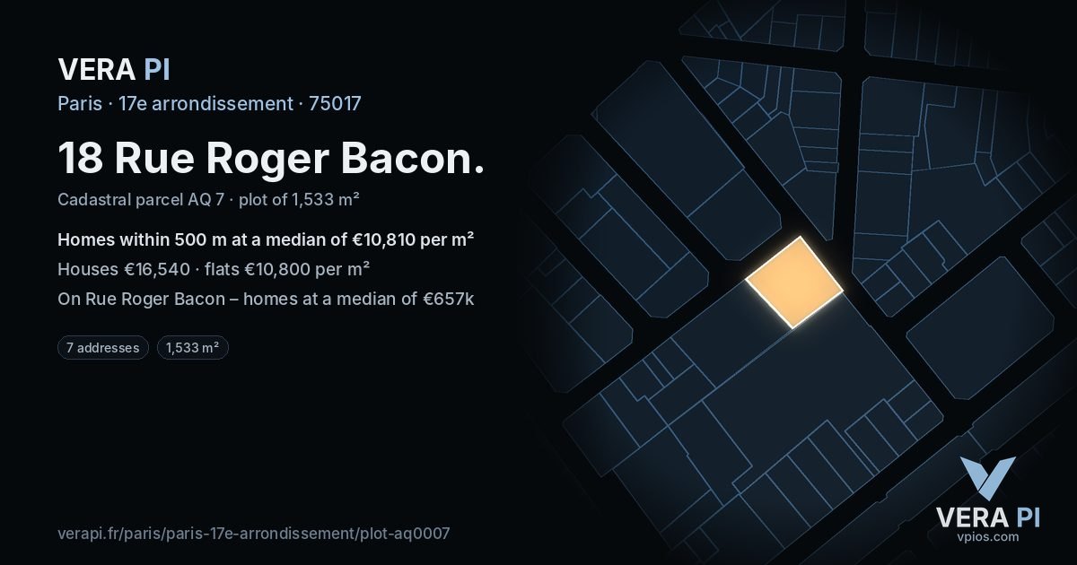 18 Rue Roger Bacon, 17e arrondissement at night – the plot lit, the parcels around coloured by the prices near them