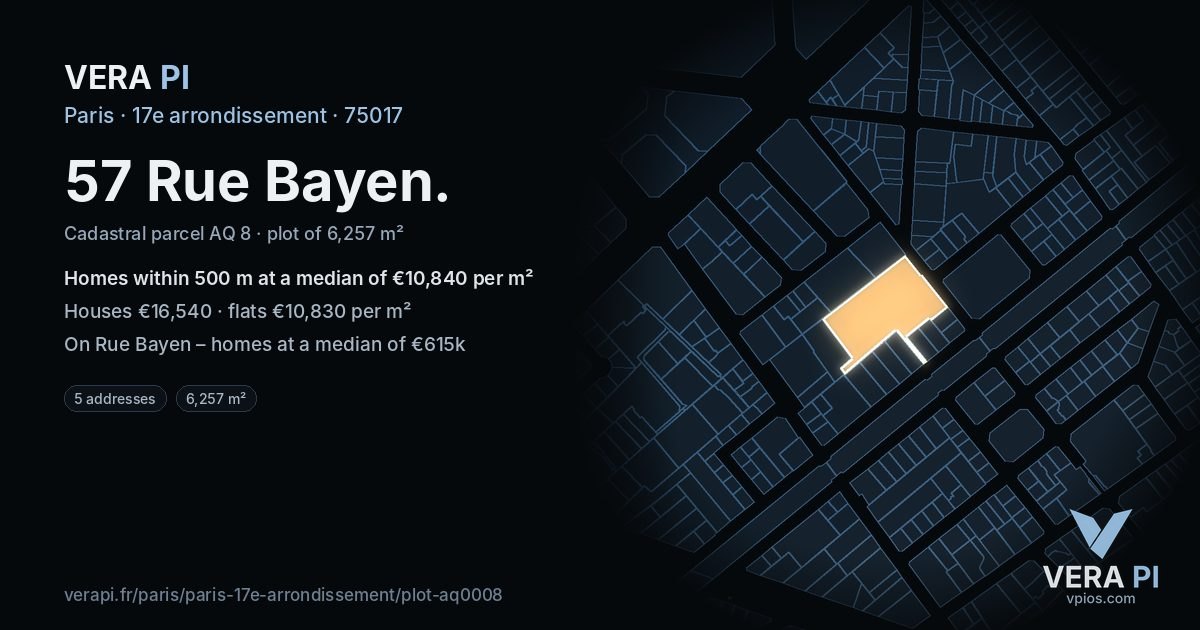 57 Rue Bayen, 17e arrondissement at night – the plot lit, the parcels around coloured by the prices near them