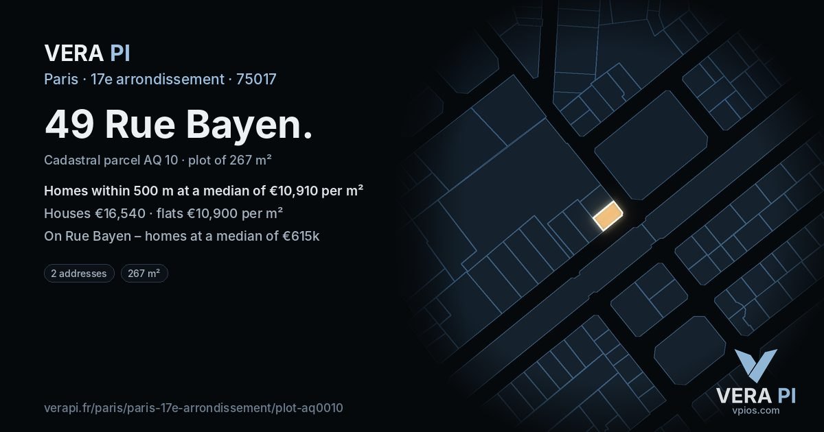 49 Rue Bayen, 17e arrondissement at night – the plot lit, the parcels around coloured by the prices near them