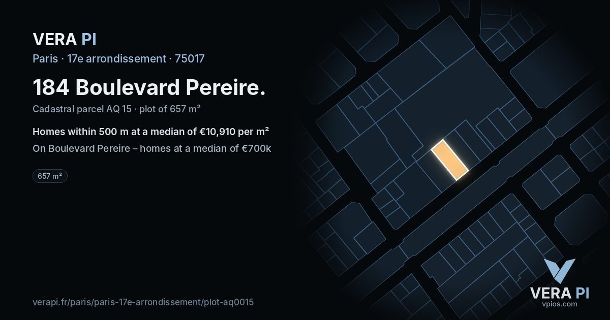 184 Boulevard Pereire, 17e arrondissement at night – the plot lit, the parcels around coloured by the prices near them