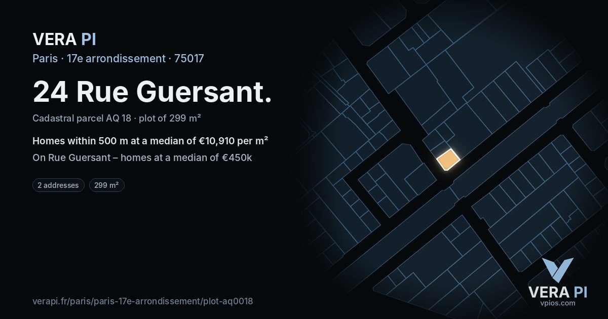 24 Rue Guersant, 17e arrondissement at night – the plot lit, the parcels around coloured by the prices near them