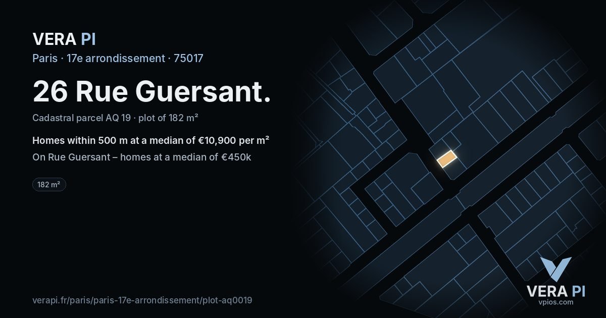 26 Rue Guersant, 17e arrondissement at night – the plot lit, the parcels around coloured by the prices near them