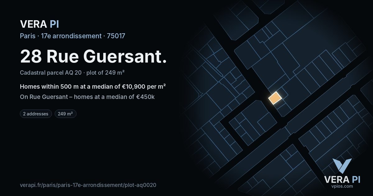 28 Rue Guersant, 17e arrondissement at night – the plot lit, the parcels around coloured by the prices near them