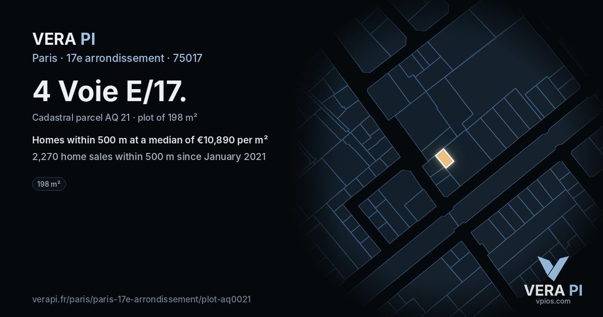 4 Voie E/17, 17e arrondissement at night – the plot lit, the parcels around coloured by the prices near them