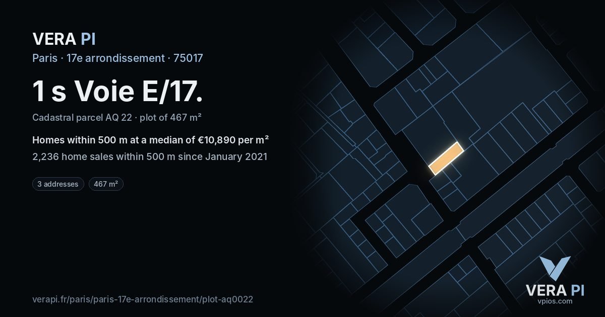 1 s Voie E/17, 17e arrondissement at night – the plot lit, the parcels around coloured by the prices near them