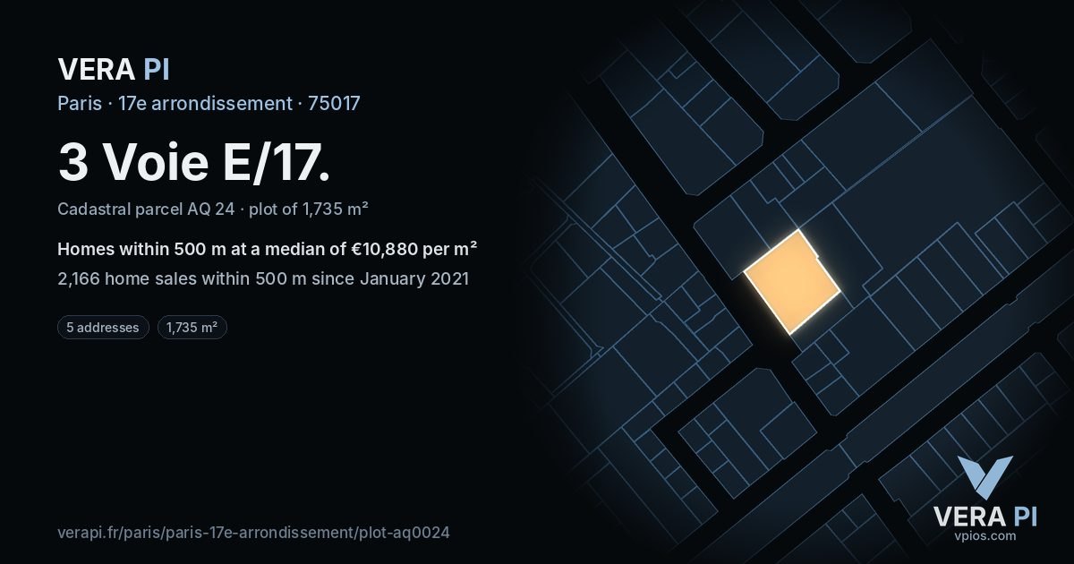 3 Voie E/17, 17e arrondissement at night – the plot lit, the parcels around coloured by the prices near them