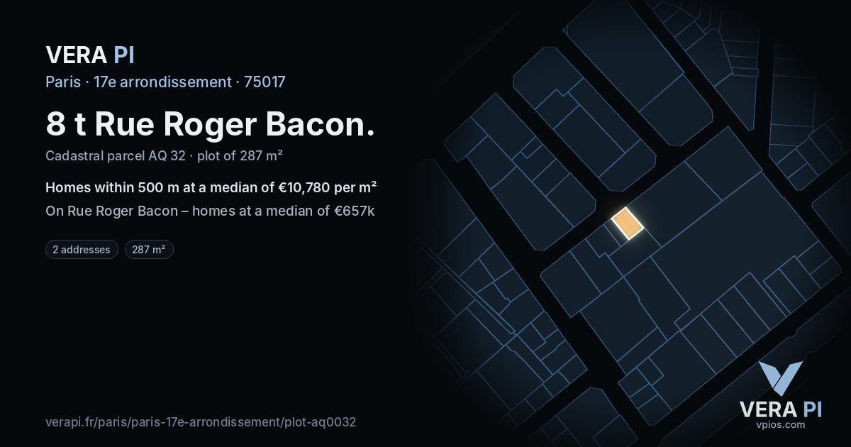 8 t Rue Roger Bacon, 17e arrondissement at night – the plot lit, the parcels around coloured by the prices near them