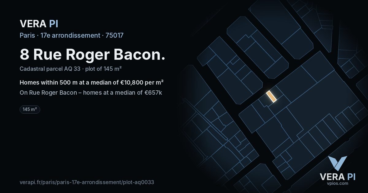 8 Rue Roger Bacon, 17e arrondissement at night – the plot lit, the parcels around coloured by the prices near them