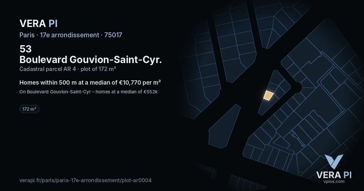 53 Boulevard Gouvion-Saint-Cyr, 17e arrondissement at night – the plot lit, the parcels around coloured by the prices near them
