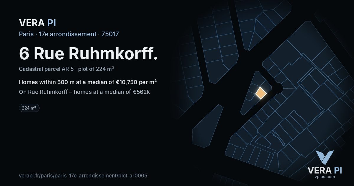 6 Rue Ruhmkorff, 17e arrondissement at night – the plot lit, the parcels around coloured by the prices near them