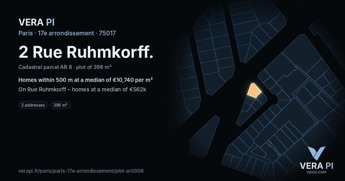 2 Rue Ruhmkorff, 17e arrondissement at night – the plot lit, the parcels around coloured by the prices near them
