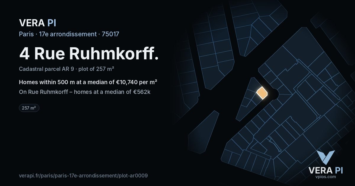 4 Rue Ruhmkorff, 17e arrondissement at night – the plot lit, the parcels around coloured by the prices near them