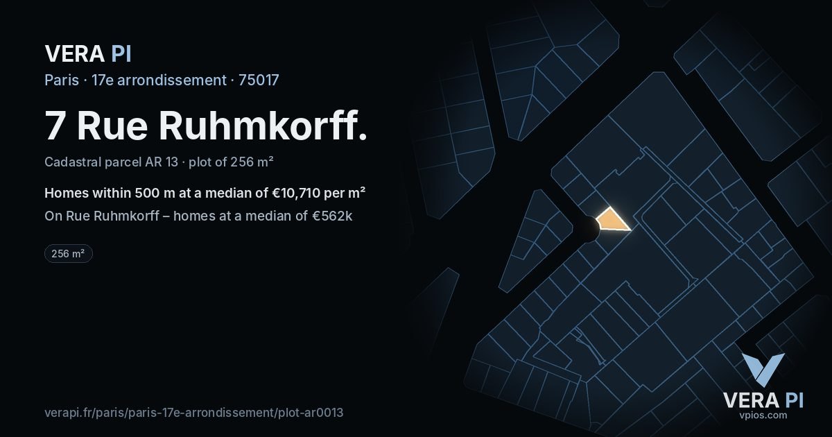 7 Rue Ruhmkorff, 17e arrondissement at night – the plot lit, the parcels around coloured by the prices near them