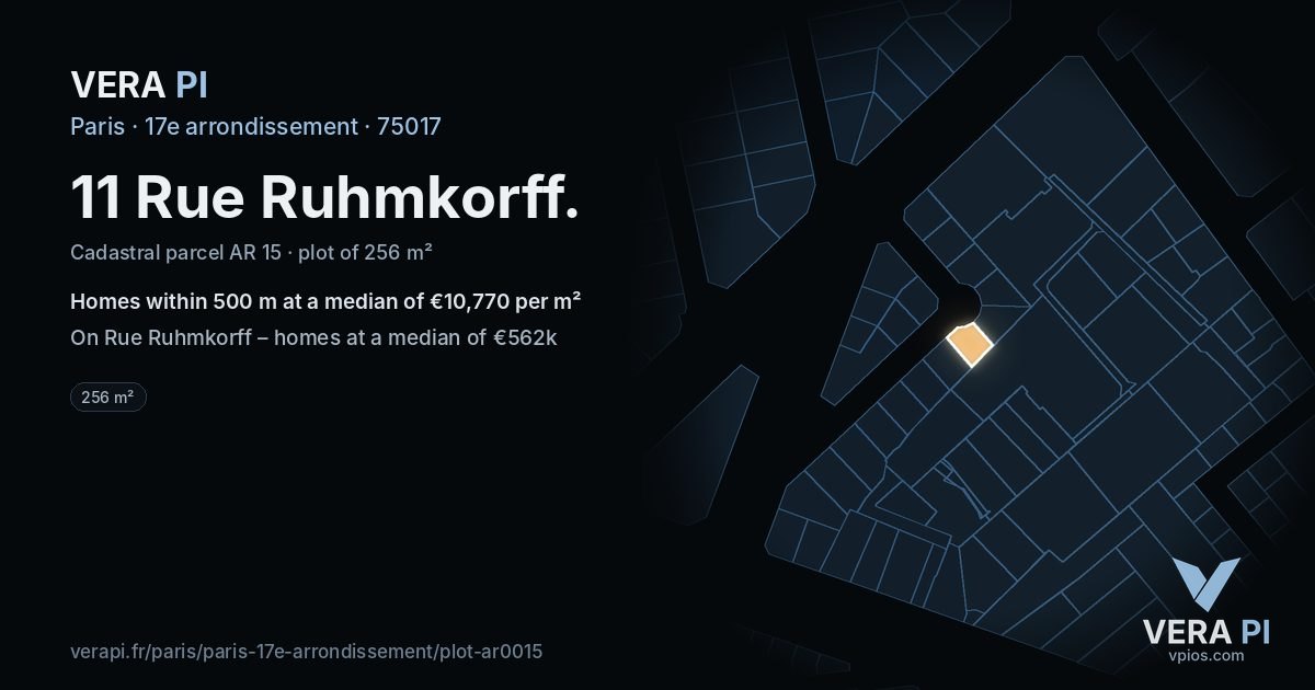 11 Rue Ruhmkorff, 17e arrondissement at night – the plot lit, the parcels around coloured by the prices near them