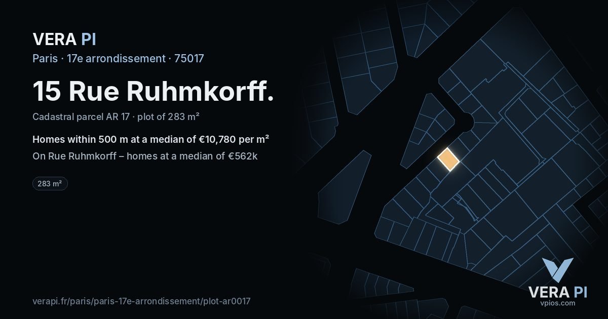 15 Rue Ruhmkorff, 17e arrondissement at night – the plot lit, the parcels around coloured by the prices near them
