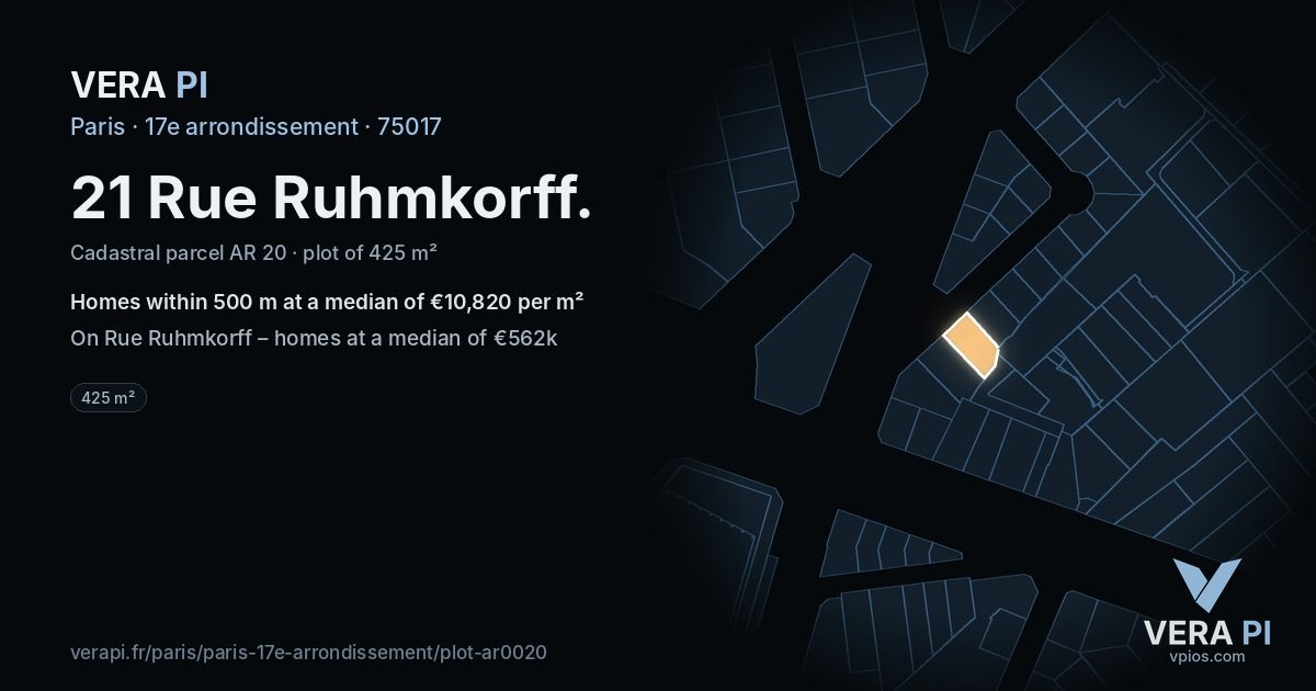 21 Rue Ruhmkorff, 17e arrondissement at night – the plot lit, the parcels around coloured by the prices near them