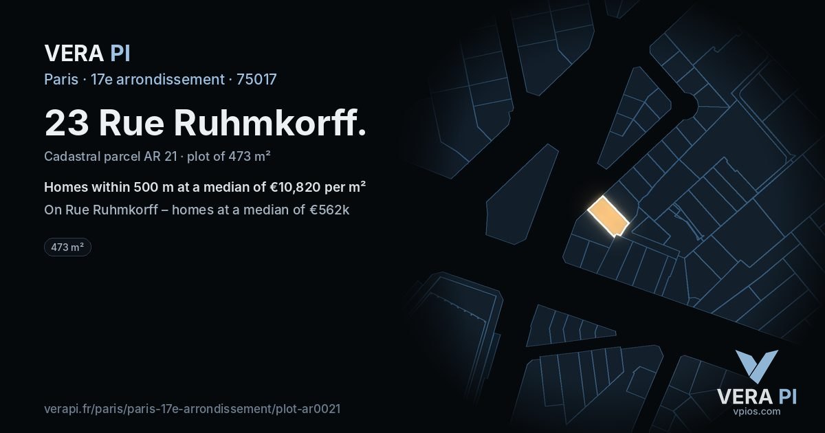23 Rue Ruhmkorff, 17e arrondissement at night – the plot lit, the parcels around coloured by the prices near them