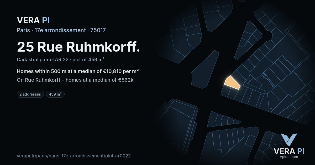 25 Rue Ruhmkorff, 17e arrondissement at night – the plot lit, the parcels around coloured by the prices near them