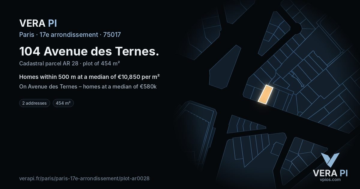 104 Avenue des Ternes, 17e arrondissement at night – the plot lit, the parcels around coloured by the prices near them