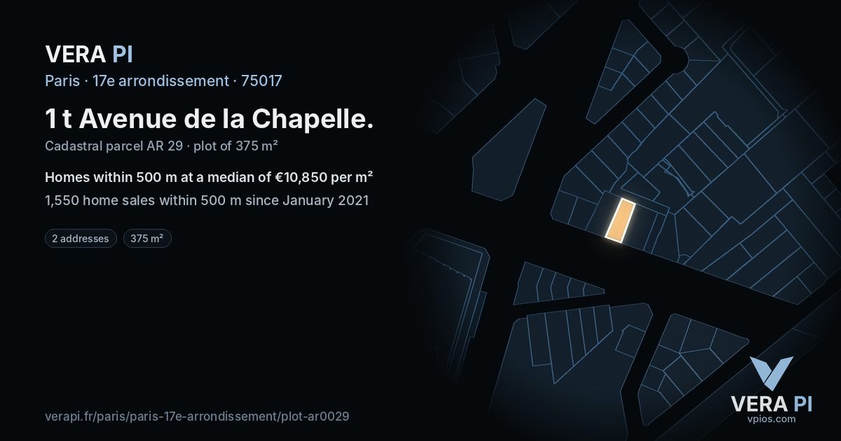 1 t Avenue de la Chapelle, 17e arrondissement at night – the plot lit, the parcels around coloured by the prices near them